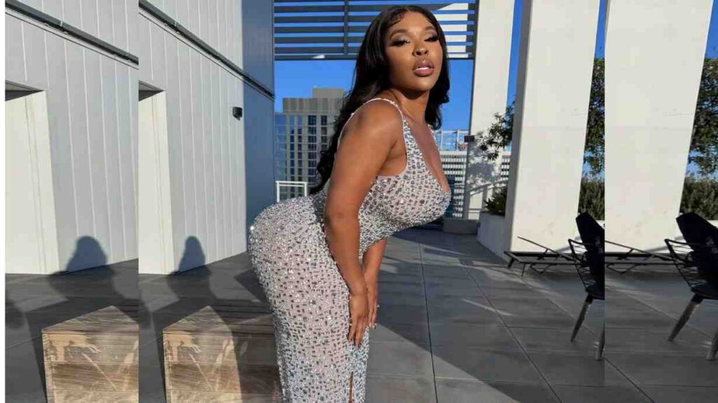 Aryana Adin in a silver dress poses elegantly on a balcony, showcasing a scenic view in the background.
