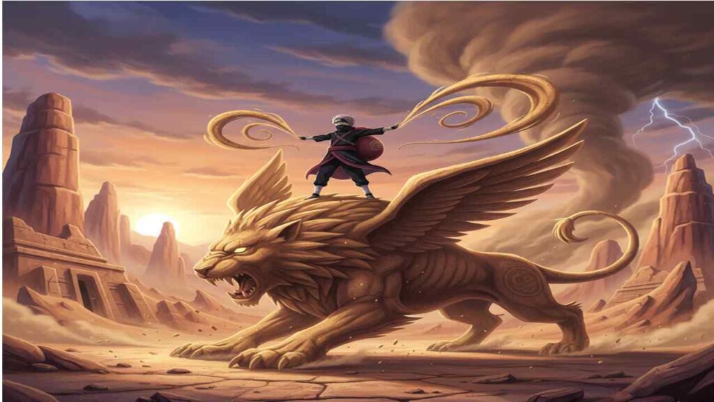 Gaara stands between a lion and a dragon, symbolizing strength and power, inspired by the character Gaara.
