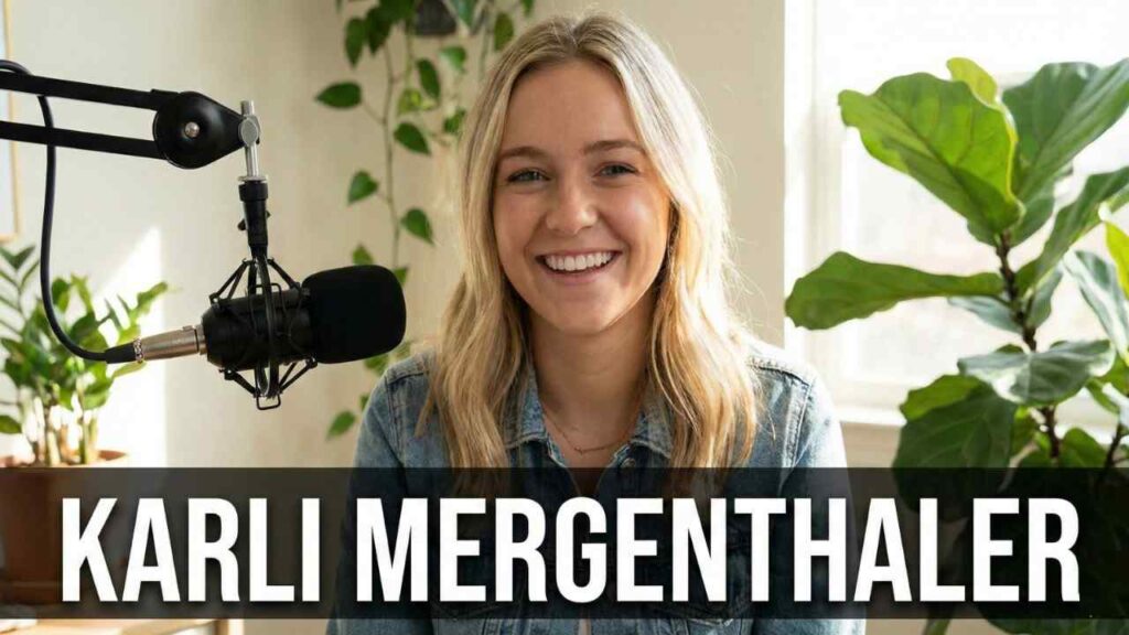 Karli Mergenthaler in a denim shirt sits at a desk with a professional studio microphone, surrounded by green houseplants.