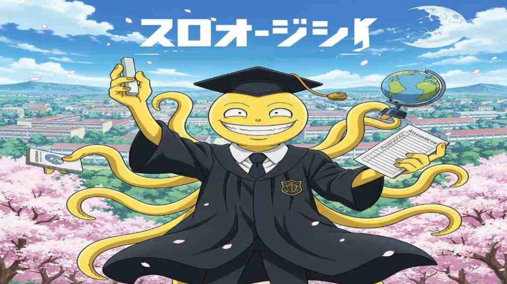 Anime poster featuring Koro Sensei, an octopus in a graduation gown, celebrating academic achievement