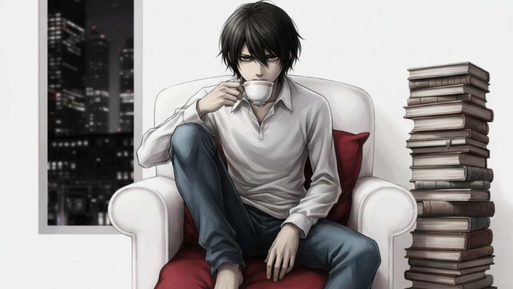 Anime character L Lawliet sitting on a chair, holding a cup of coffee, with a contemplative expression.
