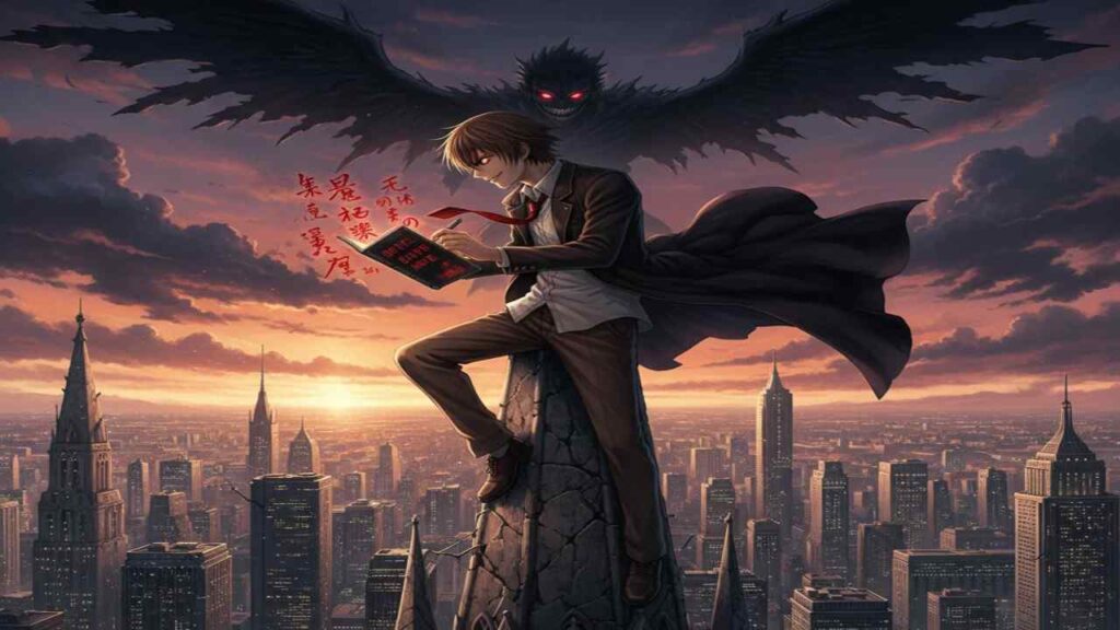 Light Yagami from anime, depicted in a vibrant wallpaper featuring dramatic colors and dynamic poses.