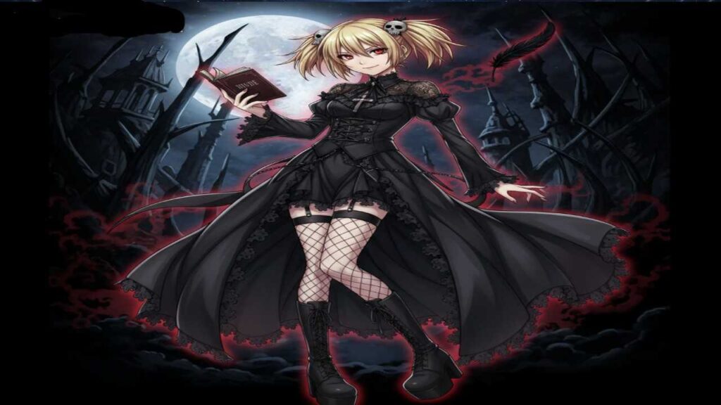 Anime girl Misa Amane with long black hair in a black dress stands before a glowing full moon