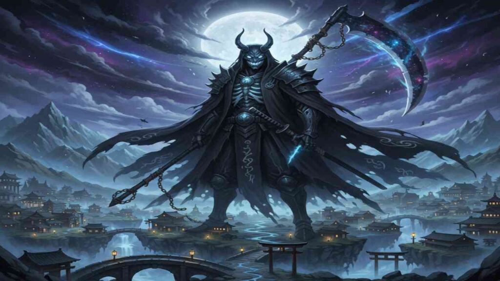 The Grim Reaper, depicted as Rem the Shinigami, looms in the sky beside a glowing full moon.
