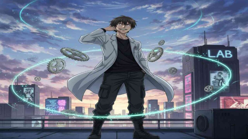 A bustling anime city scene featuring Rintaro Okabe surrounded by numerous people in vibrant urban settings.