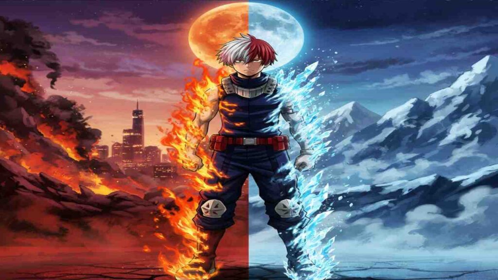Anime wallpaper featuring Shoto Todoroki from Boku no Hero Academia, showcasing his dual ice and fire powers
