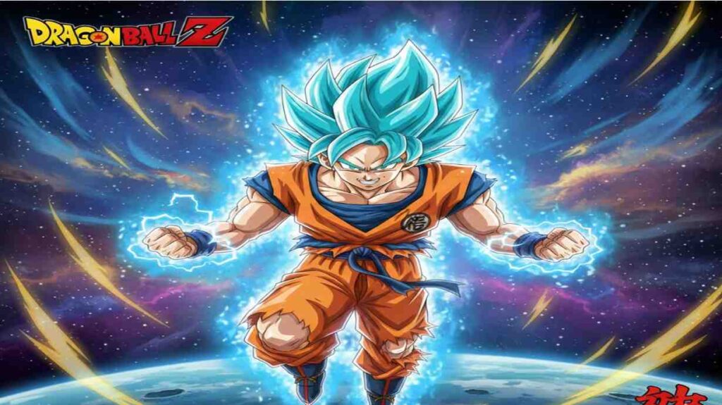 Son Goku , in Super Saiyan form, with spiky golden hair and a fierce expression, ready for battle in Dragon Ball Z.
