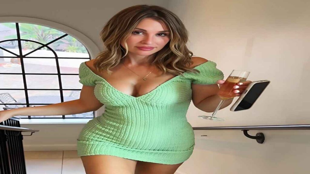 Alli Rae in a green dress elegantly holds a glass of wine, smiling as she enjoys a social gathering