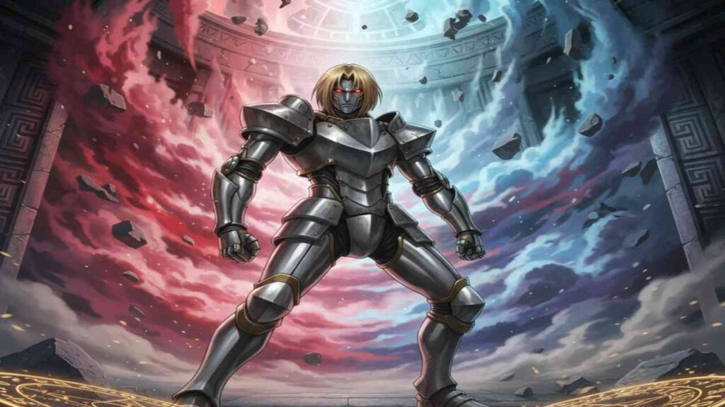 Alphonse Elric in armor stands confidently before a large, textured stone wall, showcasing a heroic pose.
