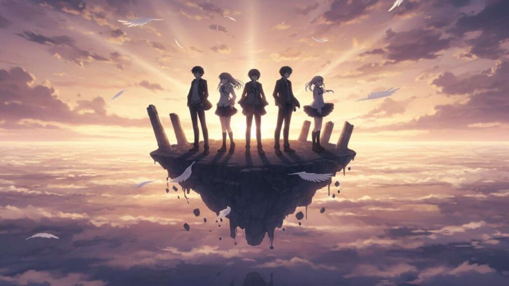 Angel Beats pose confidently atop a lush, floating island surrounded by clouds and a bright blue sky