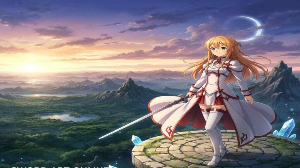 Asuna Yuuki in a fantasy landscape with swords and technology