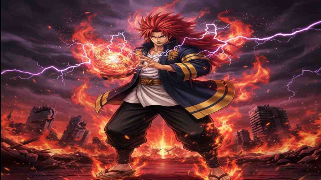 Benimaru with red spiky hair stands amid flames and lightning, holding a glowing orb, with destroyed city buildings in the background.


