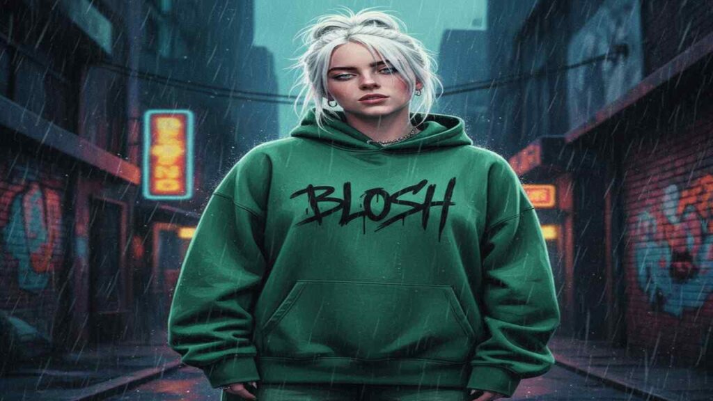 Billie Eilish wearing a blush hoodie, showcasing her signature style and casual fashion sense.