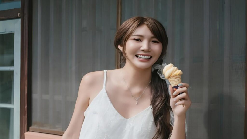 Candy joyfully holding a colorful ice cream cone, smiling as she enjoys her treat on a sunny day