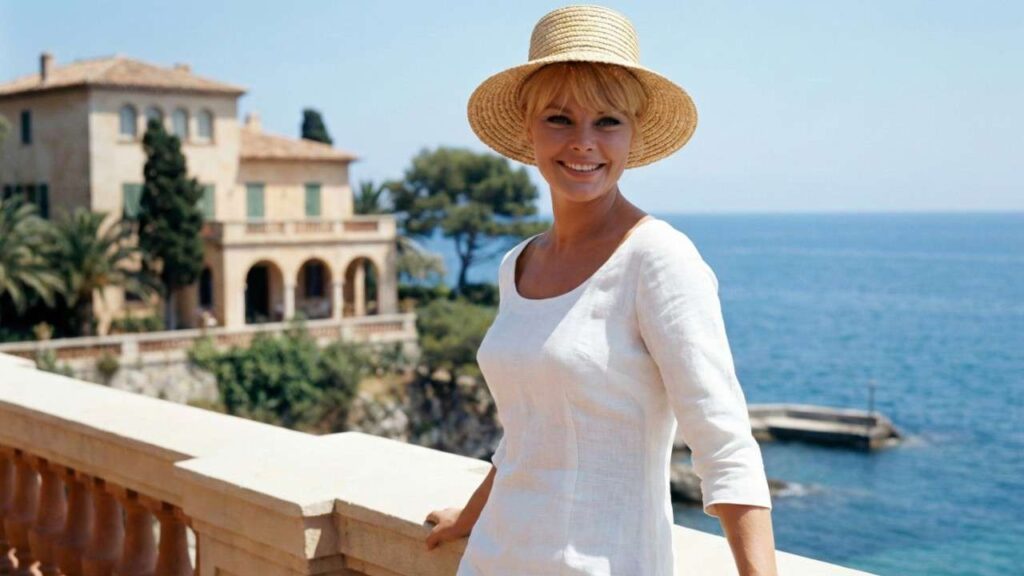 Elke Sommer in a white dress and hat stands on a balcony, gazing at the ocean view below.
