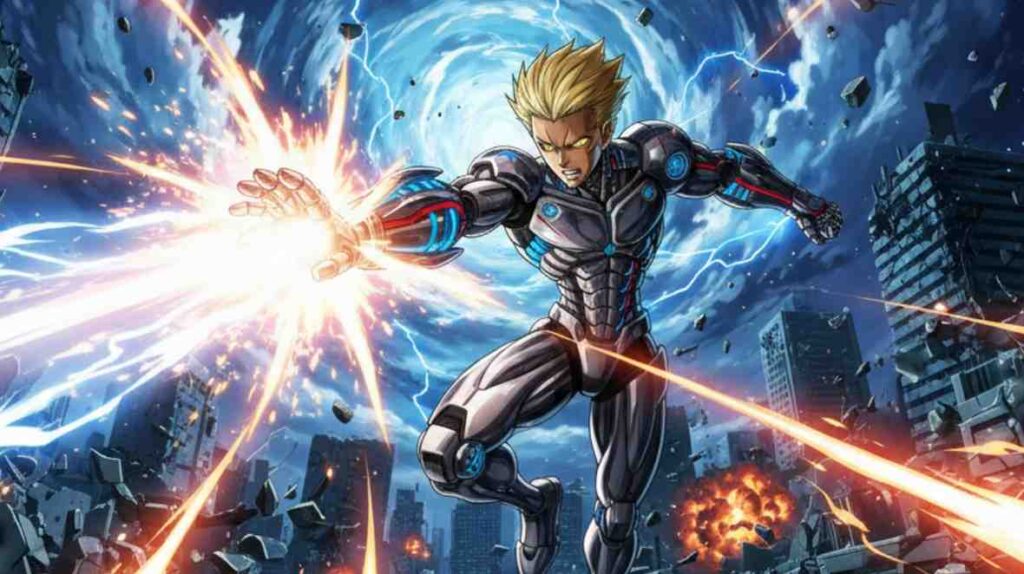 Genos, gathered together in a dynamic pose, showcasing their heroic expressions.
