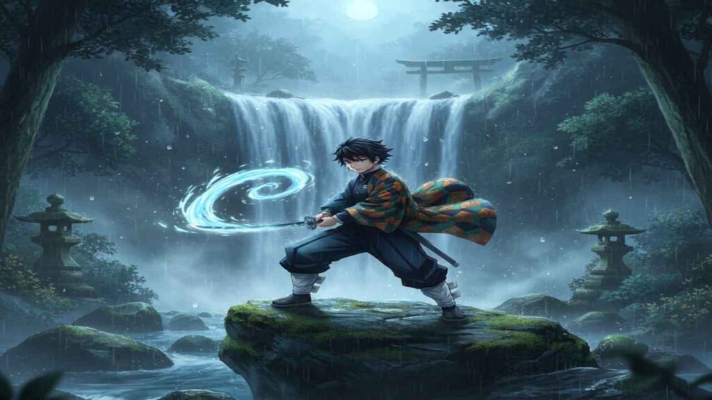 Giyu Tomioka in a kimono stands on a rock, holding a sword, embodying strength and determination.