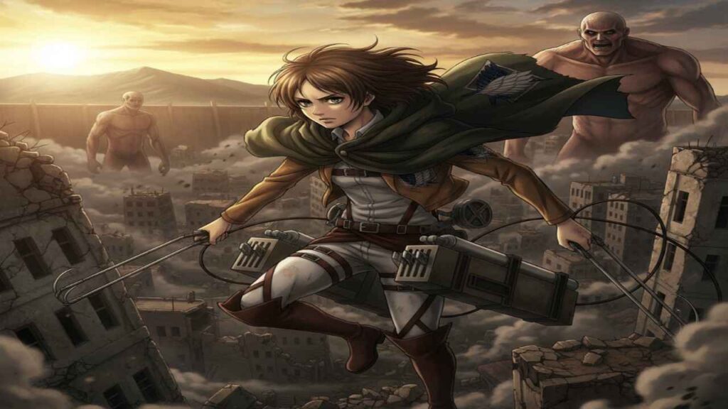 Hange Zoë wielding a sword stands beside a man, with a vibrant city skyline in the background