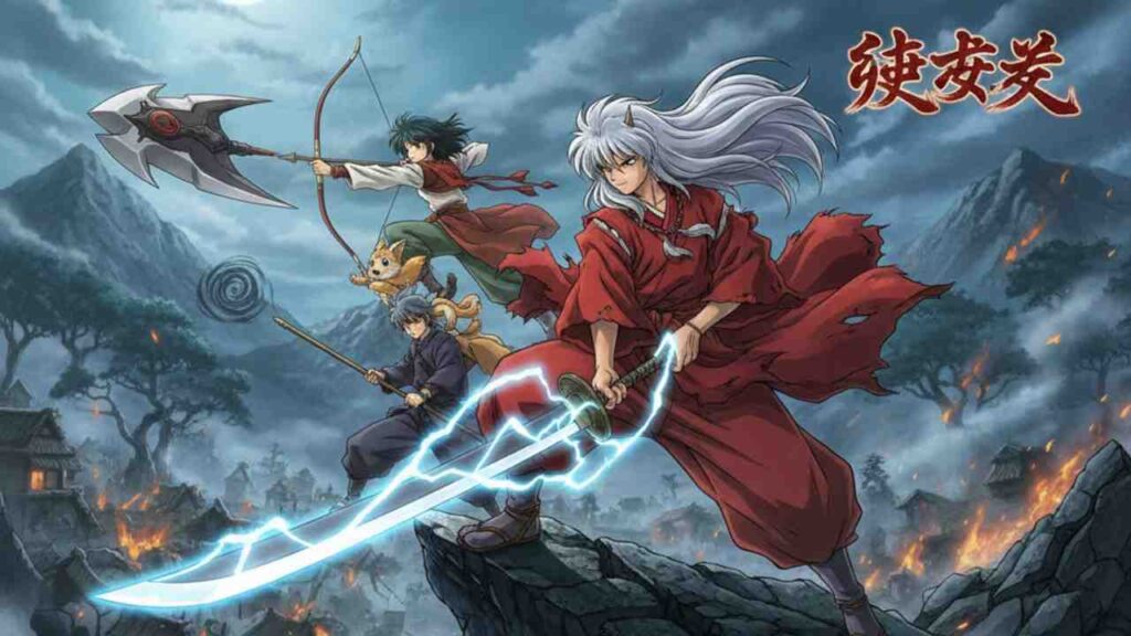 Inuyasha-inspired anime characters with swords and arrows pose dramatically on a mountain peak.
