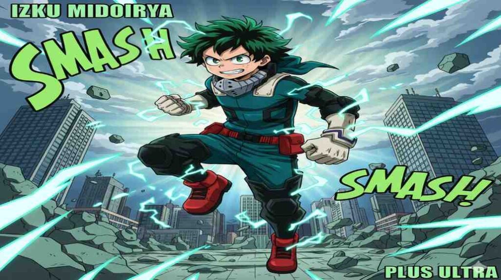 Izuku Midoriya, showcasing their unique abilities and dynamic poses