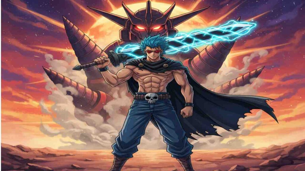 Kamina, an anime character with blue hair and eyes, faces a massive monster, showcasing determination and bravery.