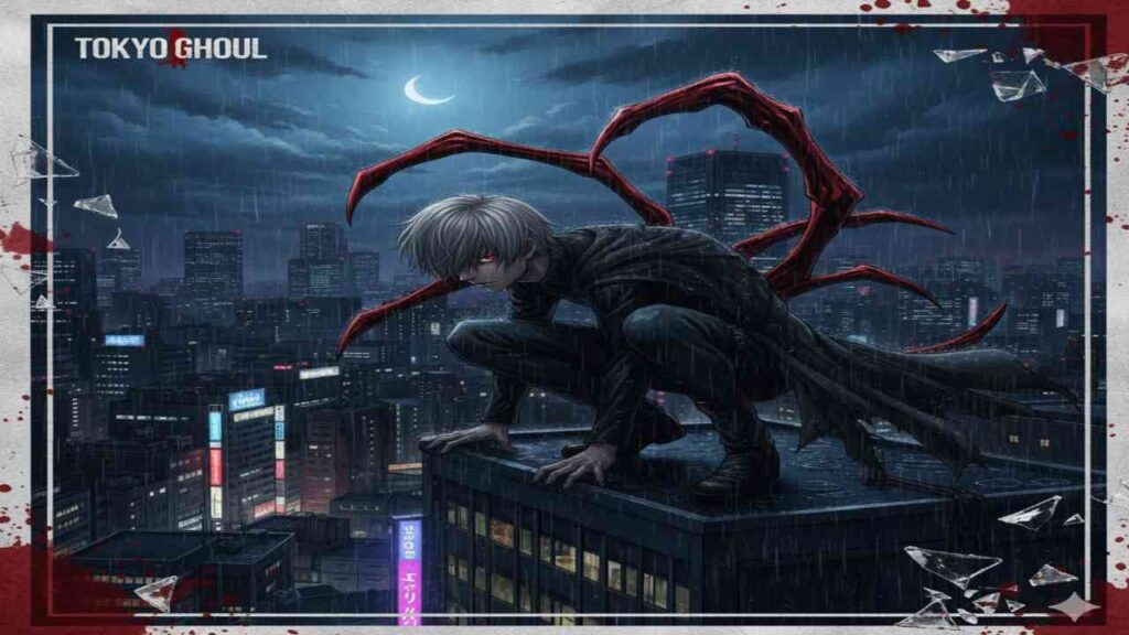 Ken Kaneki, an anime character with red eyes, sits atop a building, gazing thoughtfully into the distance.