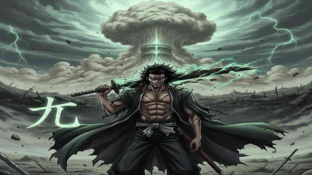 Kenpachi Zaraki wielding a sword stands confidently before a large, fluffy cloud in a vibrant sky