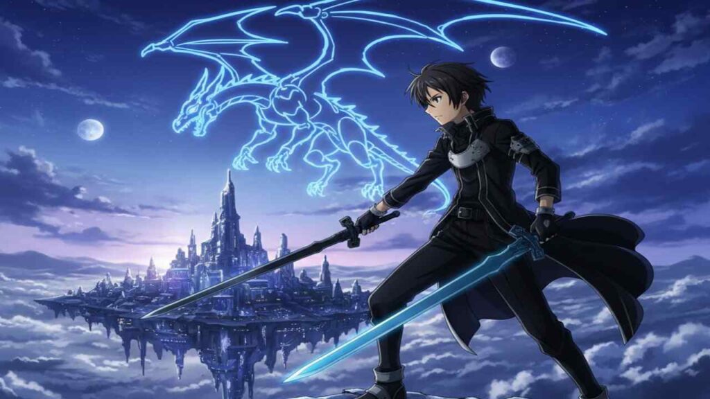 Kirito figure stands with glowing swords against a mystical castle and a blue dragon outline in a starry sky.