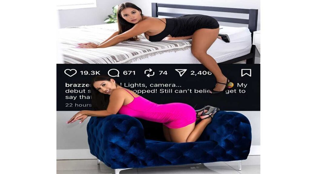 Lexis Star in a pink dress sits on a bed, looking relaxed and contemplative.