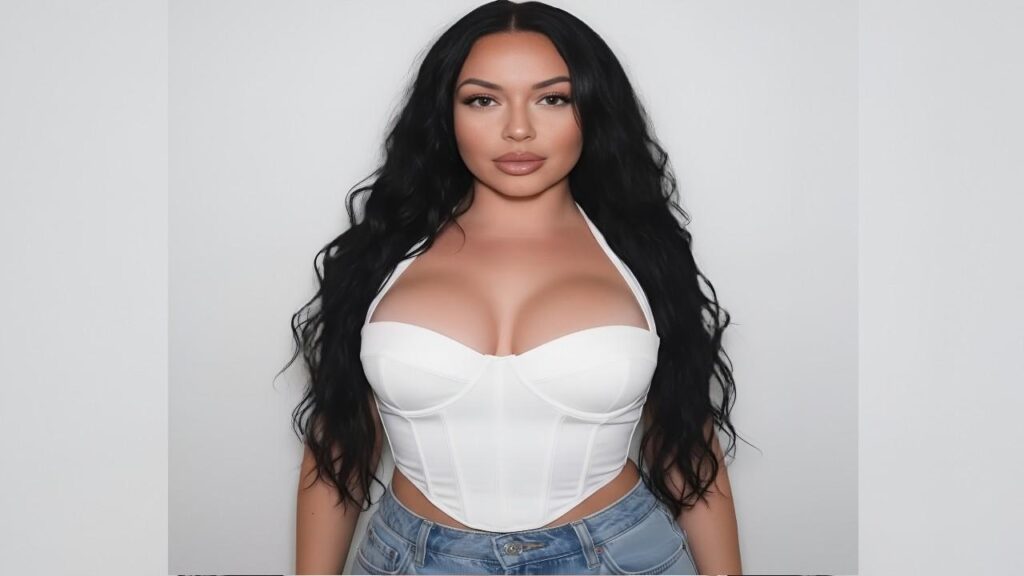 Mandi May with long black hair wearing a white top, standing confidently against a neutral background.
