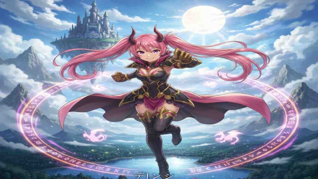 Milim Nava with pink hair soaring above a majestic castle under a clear blue sky.