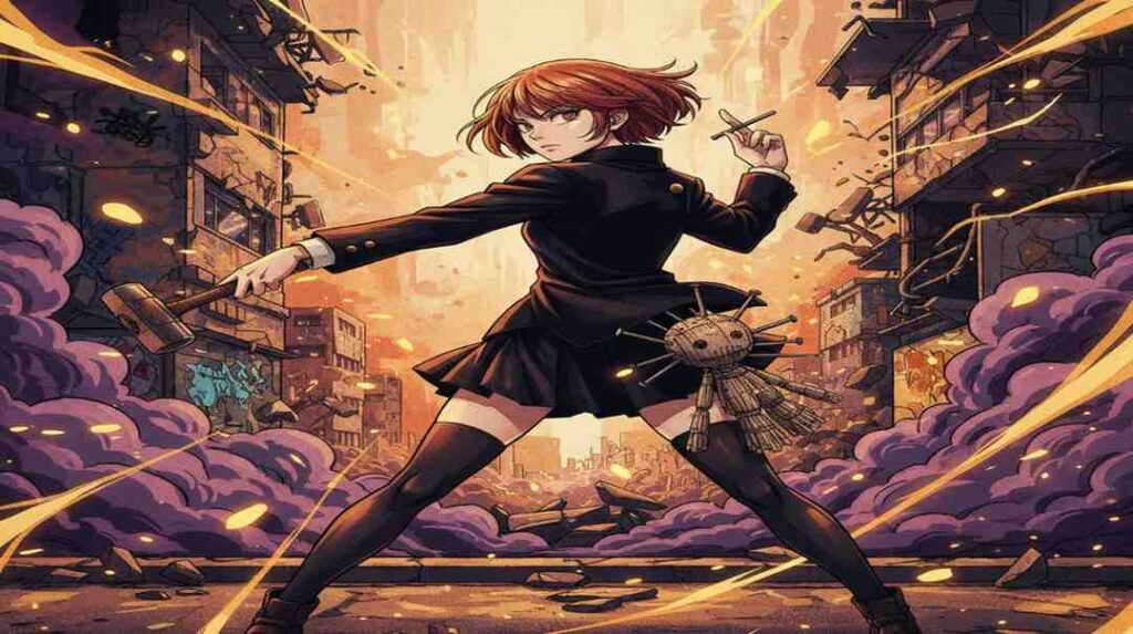 Nobara Kugisaki, an anime girl in a sleek black suit, poses with a gun in her hand, exuding strength and determination.
