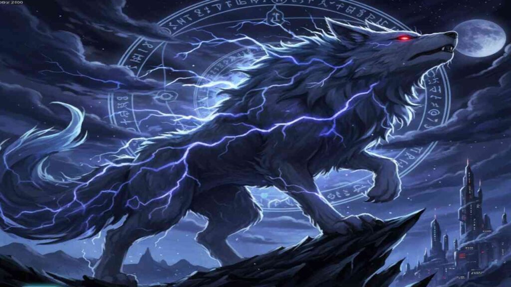 Ranga giant wolf with glowing red eyes and lightning crackling around it stands on a rocky peak under a full moon. A mystical rune circle glows in the night sky, with a futuristic city visible below. The scene conveys an intense, magical atmosphere.