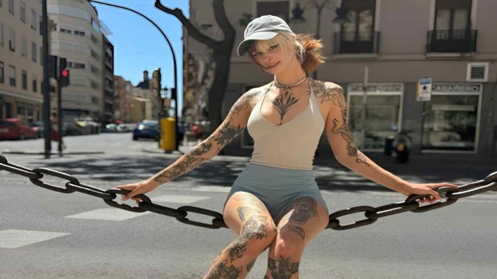 Sally Dinosaur with tattoos sits on a large chain, showcasing her body art against an industrial backdrop