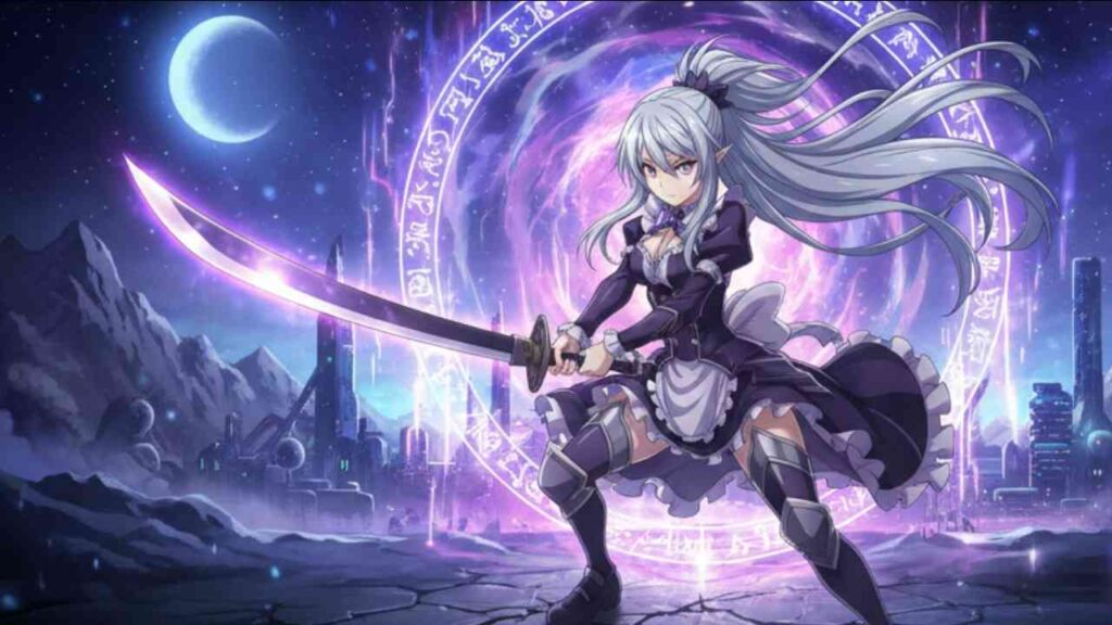 Shion with long white hair, confidently holding a sword, dressed in a detailed fantasy outfit.
