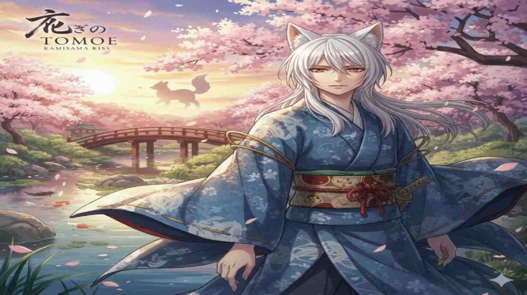 Anime character Tomoe stands in the foreground with a playful cat in the background, adding charm to the scene.
