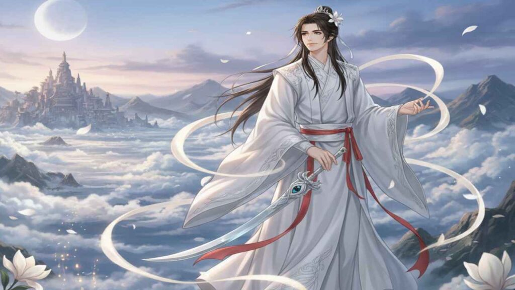 Xie Lian with long hair wielding a sword, striking a dynamic pose against a dramatic sky backdrop.