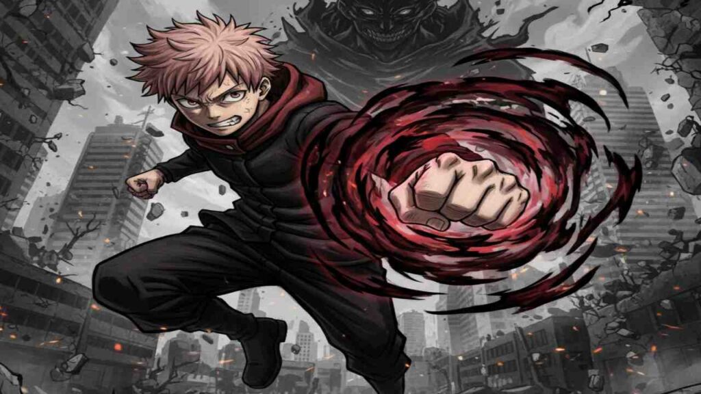 Yuji Itadori with vibrant red hair wearing a stylish black jacket, striking a confident pose.