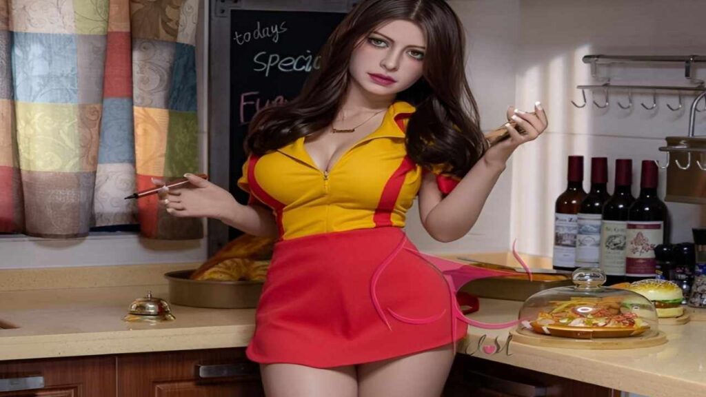 Kat Dennings in a red and yellow dress holds a cigarette, standing confidently with a slight smile on her face