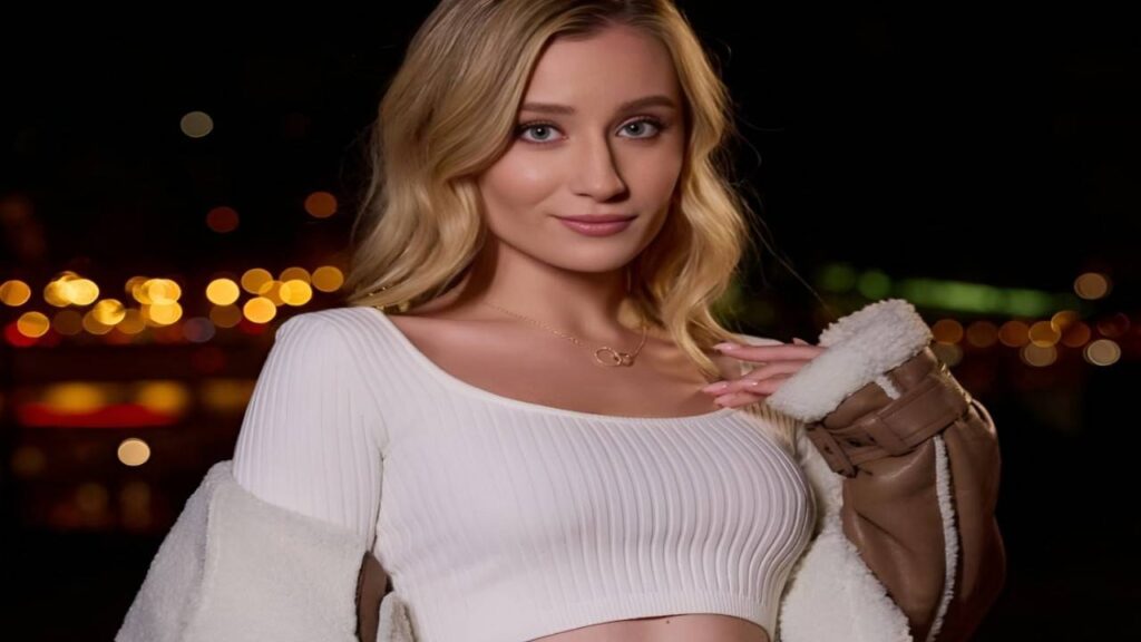 Lily Blossom wearing a crop top and jacket, posing confidently against a neutral background