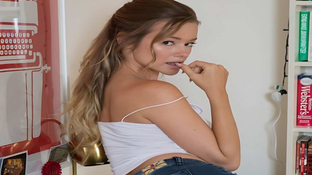 Olivia Preston in jeans sits on a chair, resting her hand on her mouth, appearing thoughtful or surprised