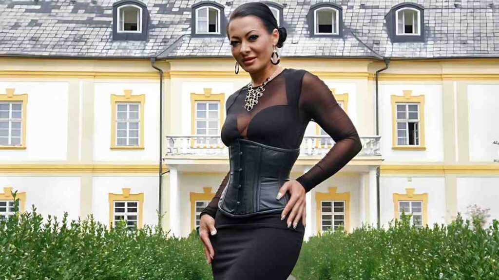 Sandra Romain in a corset stands confidently in front of a large, elegant house, showcasing her stylish attire