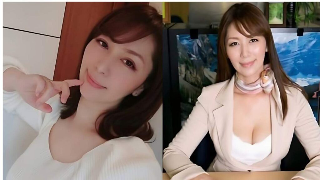 Chisato Shoda ( 翔田千里 ) in white smiling with a finger to her cheek