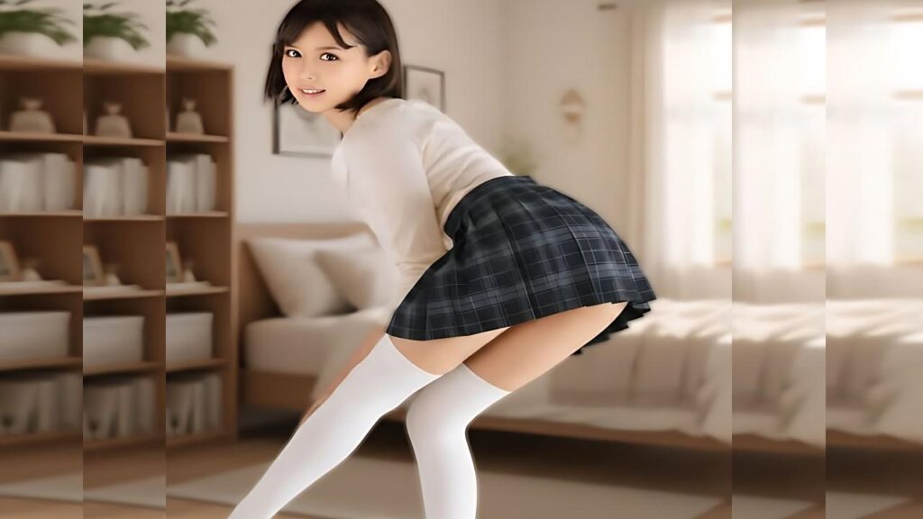 Tsukasa Aoi in a white top, plaid mini skirt, and white thigh-high socks bends forward in a cozy bedroom, smiling at camera