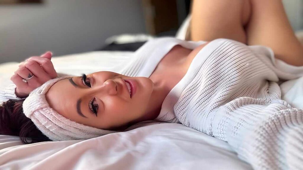 Zoe Grey lies on a white bed with a towel wrapped around her head, smiling softly in a cozy textured white-knit sweater.