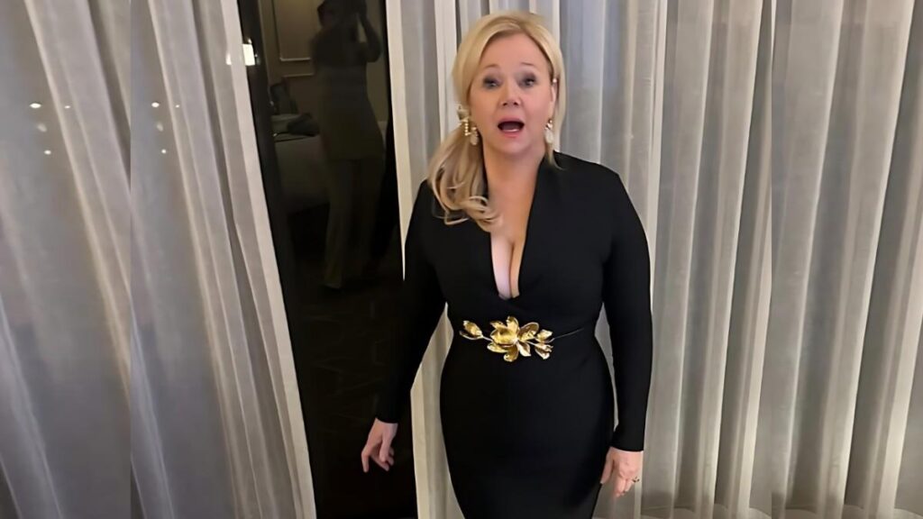 Caroline Rhea in a black, deep V-neck dress with a gold floral belt stands before sheer curtains, mouth open mid-speech.
