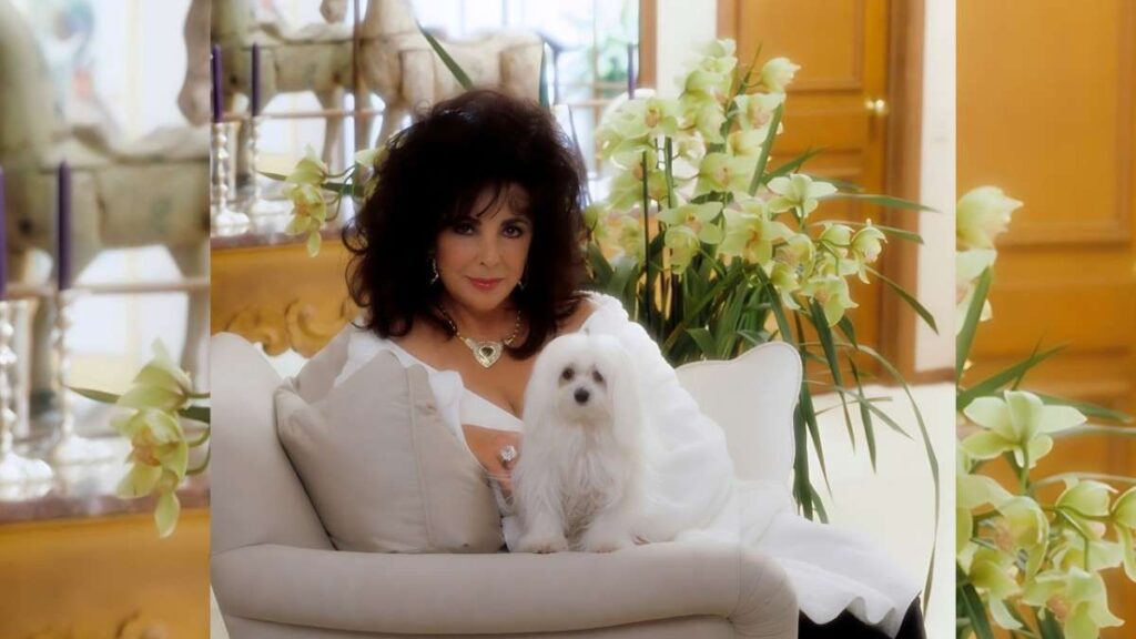 Elizabeth Taylor with voluminous dark hair lounges on a white sofa, holding a fluffy white dog beside pale orchids and decor.
