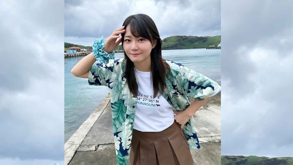 Ikechan stands on a wooden pier by turquoise water, wearing a green leaf shirt over a white tee and brown skirt, smiling.