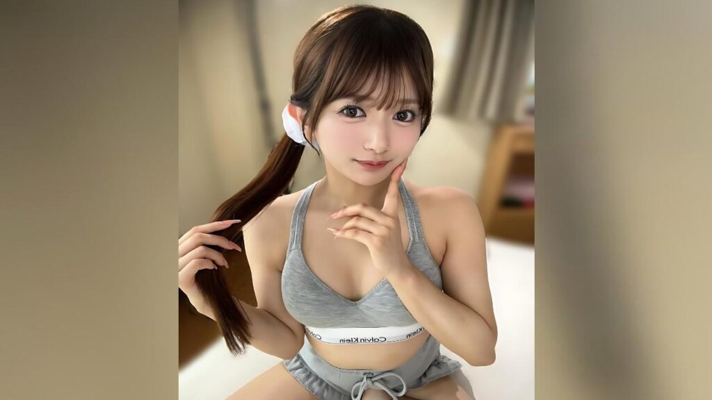 Karin Kitaoka with brown ponytail wearing a gray sports bra and shorts sits on a bed in a lit bedroom, touching her chin.