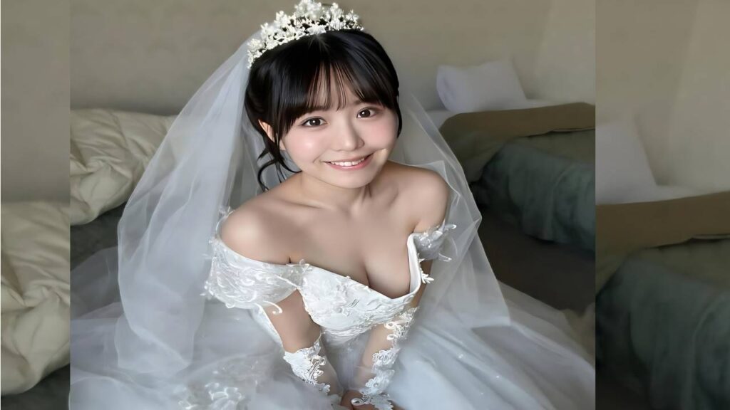 Konatsu Kashiwagi in an off-shoulder lace wedding gown with veil and floral headpiece, seated on a bed.